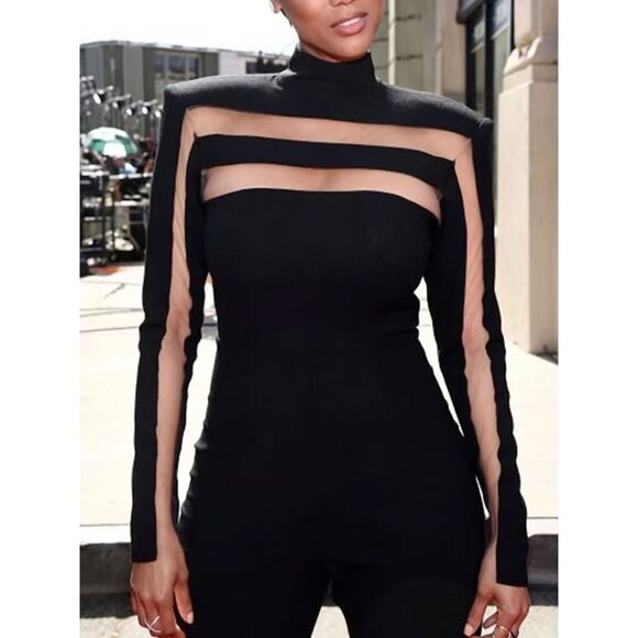 Long Sleeves Skinny Mesh Solid Color Split-Joint High Neck T-Shirts Tops - Picture 1 of 1